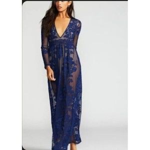 For love And Lemons Temecula Maxi Dress, Size Large Dark Blue Lace Body Suit